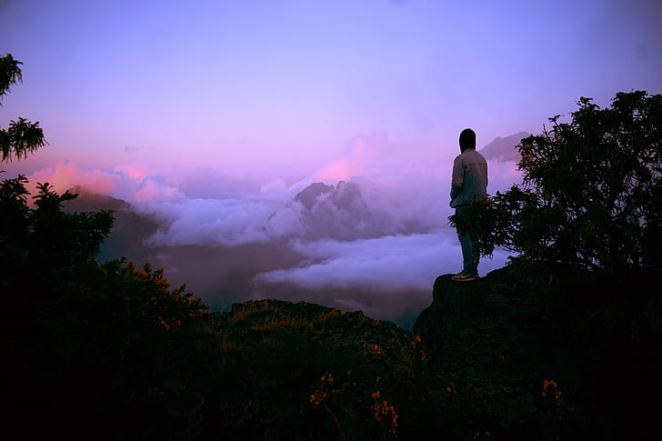 pria, gunung, kabut, awan, puncak, Wallpaper HD