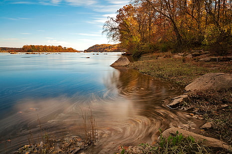 trees beside body of water under blue sky during daytime, susquehanna river, susquehanna river, Autumn, Susquehanna River, trees, body of water, blue sky, daytime, susquehanna  river, water, waterscape, landscape, nature, natural, shore, scene, scenic, scenery, background, fluid  flow, stream, whirlpool, maelstrom, forest, foliage, leaves, branches, rocks, stones, state  park, havre de grace  maryland, usa, united states, america, beauty, beautiful, epic, dreamy, sky, clouds, travel, tourism, reflection, reflections, long exposure, motion, movement, spin, swirl, soft, smooth, foam, orange, red  green  blue, cyan, brown, color, colour, colors, colours, colorful, fall, season, seasonal, ca, tree, river, outdoors, scenics, lake, leaf, beauty In Nature, yellow, HD wallpaper HD wallpaper