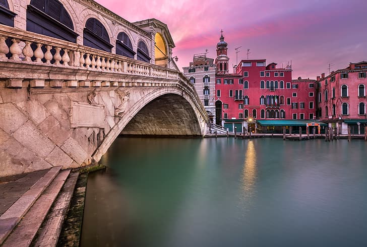 Italy, Venice, channel, sunset, Panorama, Grand Canal, Rialto Bridge, San Bartolomeo Church, HD wallpaper