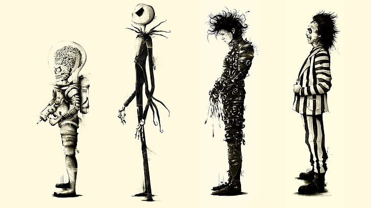 four assorted movie characters illustration, Tim Burton, movies, Beetlejuice, fan art, Edward Scissorhands, Mars Attacks, Jack Skellington, HD wallpaper