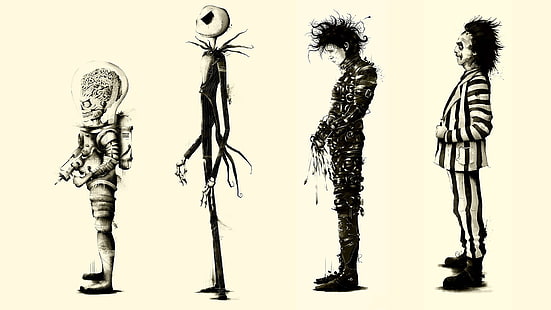 four assorted movie characters illustration, Tim Burton, movies, Beetlejuice, fan art, Edward Scissorhands, Mars Attacks, Jack Skellington, HD wallpaper HD wallpaper