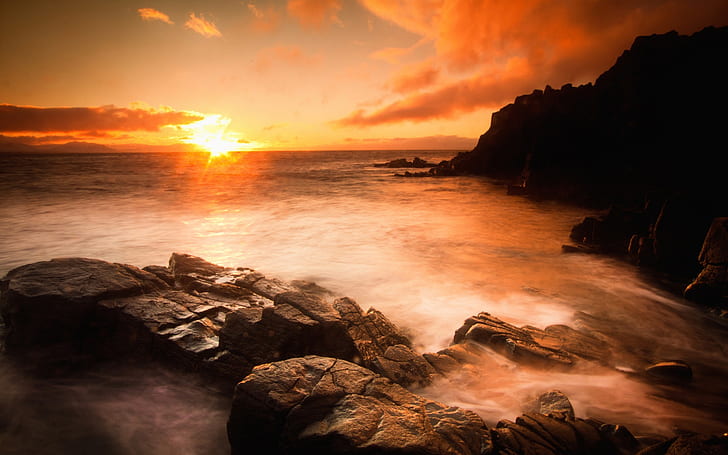 Sonnenuntergang Meer, Strand, Felsen, Steine, Wolken, Sonnenuntergang, Meer, Strand, Felsen, Steine, Wolken, HD-Hintergrundbild