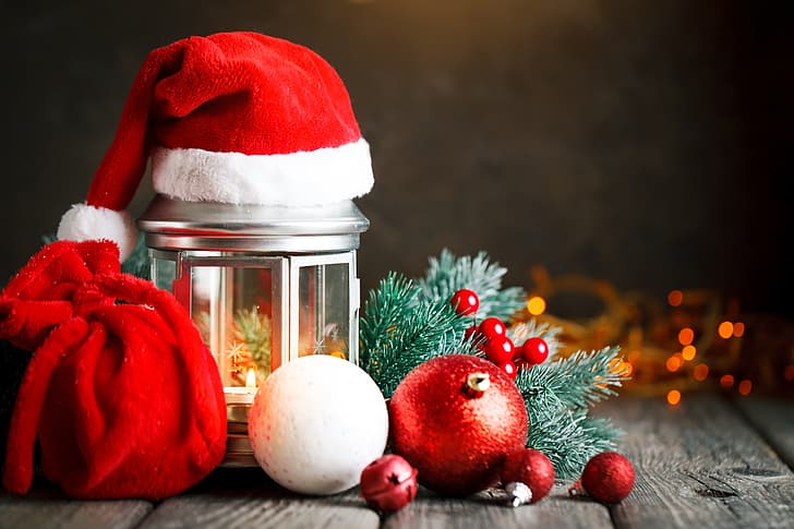 decoration, New Year, Christmas, balls, wood, merry, lantern, santa hat, fir tree, fir-tree branches, HD wallpaper