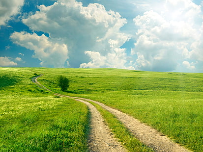 green lawn field, road, greens, field, summer, the sky, grass, clouds, HD wallpaper HD wallpaper