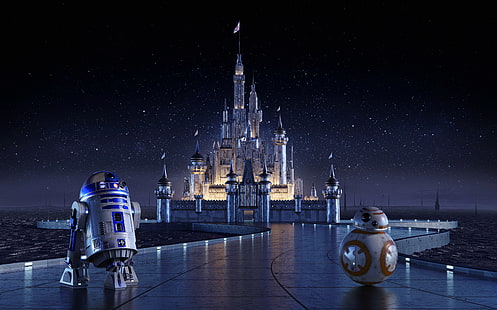 BB-8, Star Wars, Disney Castle, Cinderella Castle, R2-D2, 4K, HD tapet HD wallpaper