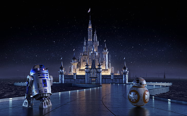 Château de Disney, R2-D2, BB-8, Star Wars, Château de Cendrillon, 4 k, Fond d'écran HD
