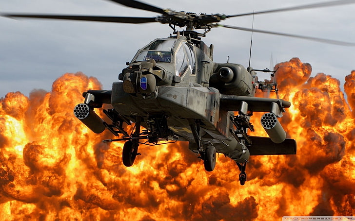 фотография със селективен фокус на хеликоптер, война, Boeing Apache AH-64D, хеликоптери, експлозия, военен самолет, самолет, превозно средство, HD тапет