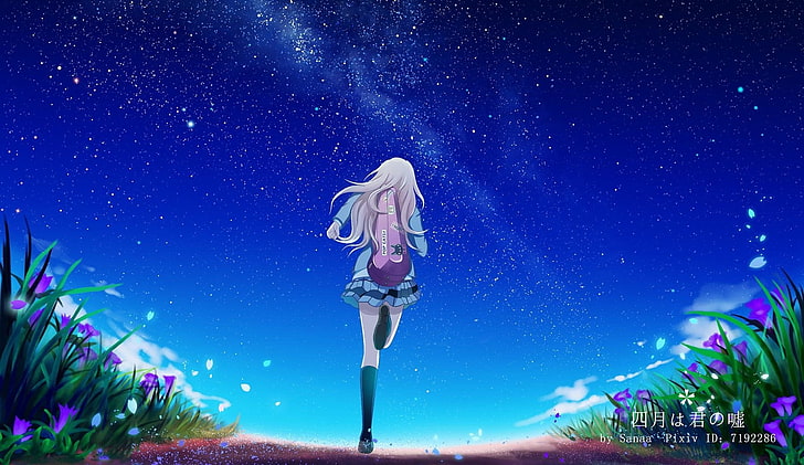 Frau im blauen Kleid Illustration, Anime, Ihre Lüge im April, Kaori Miyazono, HD-Hintergrundbild