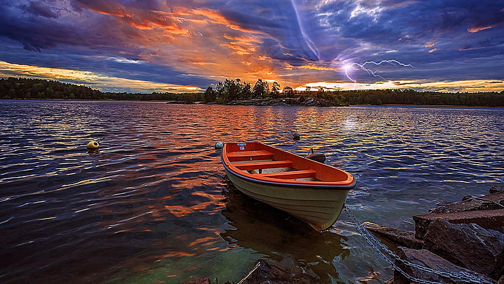 lightning, sunset, boat, lake, HD wallpaper