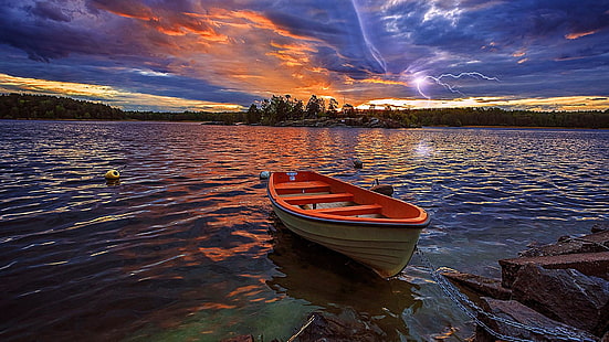 piorun, zachód słońca, łódka, jezioro, Tapety HD HD wallpaper