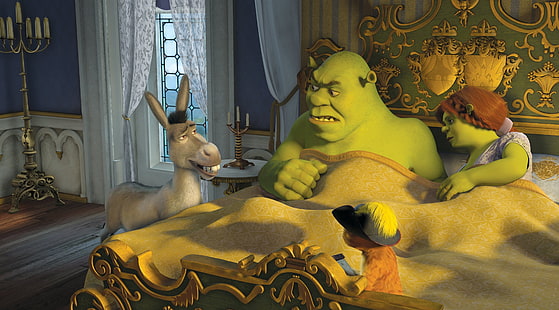 Donkey, Puss in Boots, Shrek and Princess Fiona, Cartoons, Shrek, donkey, puss in boots, princess fiona, HD tapet HD wallpaper