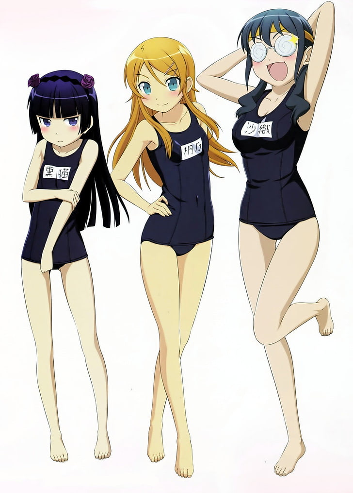 three girls anime character, Kousaka Kirino, Ore no Imouto ga Konnani Kawaii Wake ga Nai, Gokou Ruri, Makishima Saori, school swimsuits, anime girls, HD wallpaper
