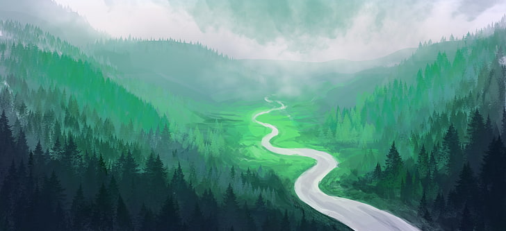 lukisan pemandangan, hutan, sungai, bukit, seni, pohon, pemandangan yang dilukis, Wallpaper HD