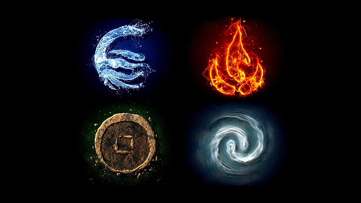 четири елемента, четири елемента, вода, огън, въздух, Земя, прост фон, черен фон, Аватар: Последният въздушен вятър, HD тапет