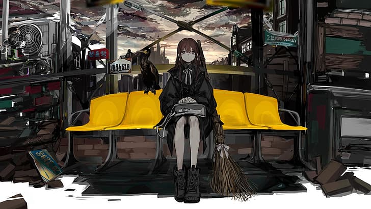 Gothic, witch, broom, brunette, Hair bangs, hand bags, sitting down, raven, leather boots, jacket, brown eyes, trash, anime girls, anime, 2D, artwork, HD wallpaper