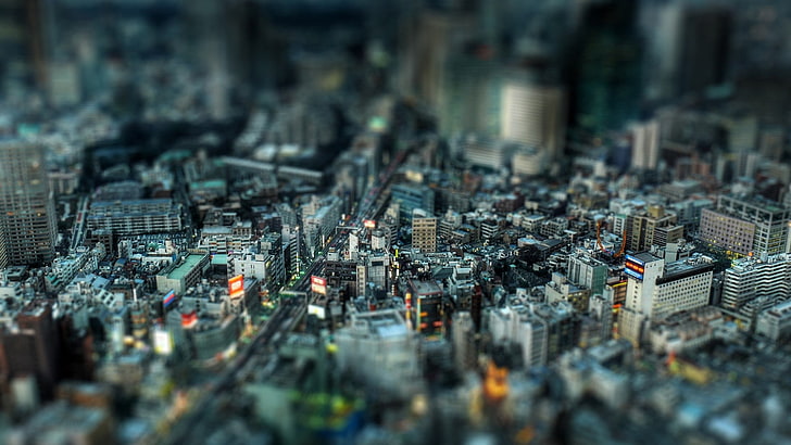 carta da parati digitale paesaggio urbano, foto aerea della città, paesaggio urbano, edificio, sfocato, inclinazione, Tokyo, Giappone, Sfondo HD
