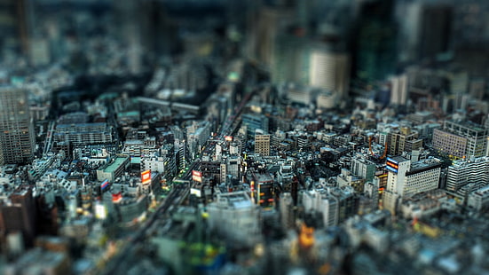 Cityscape dijital duvar kağıdı, şehrin havadan görünümü fotoğraf, cityscape, bina, bulanık, tilt shift, Tokyo, Japonya, HD masaüstü duvar kağıdı HD wallpaper