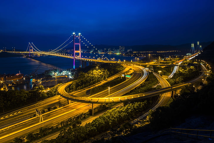 nightime fotoğraf sırasında köprü, köprü, uzun pozlama, yol, kavşak, gece, gökyüzü, değişim, Çin, HD masaüstü duvar kağıdı