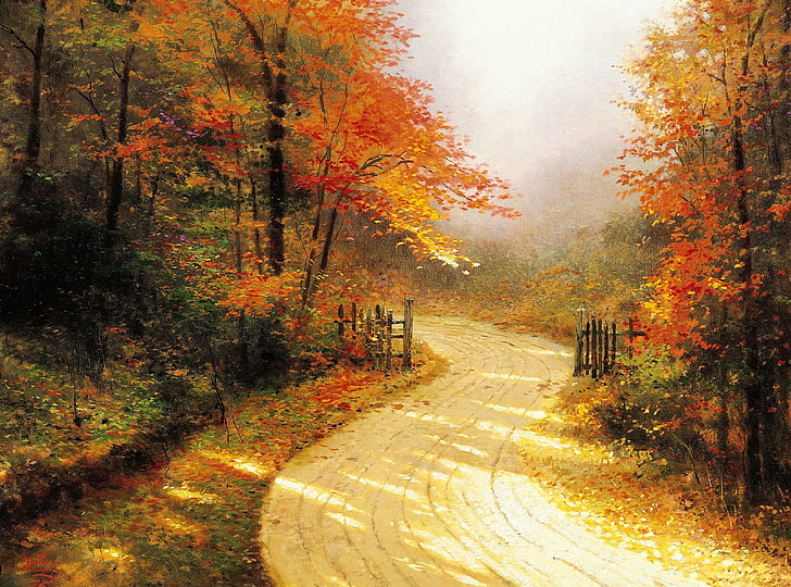 Autumn Lane por Thomas Kinkade, árbol de hojas de naranja, estaciones, otoño, Lane, Thomas Kinkade, Fondo de pantalla HD
