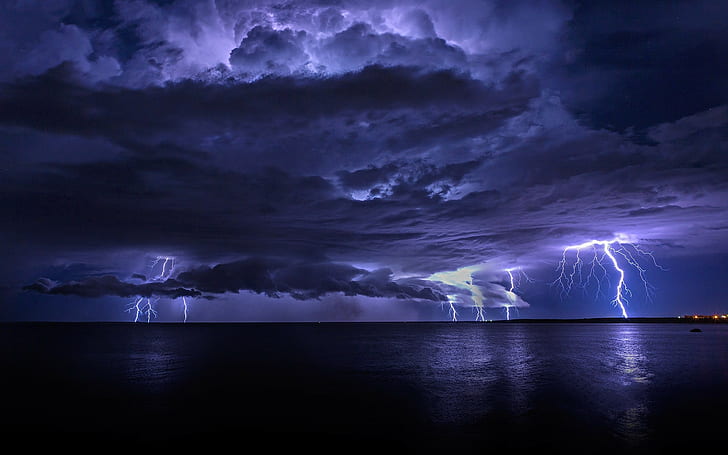 Flash, lightning, sea, storm, violet, HD wallpaper