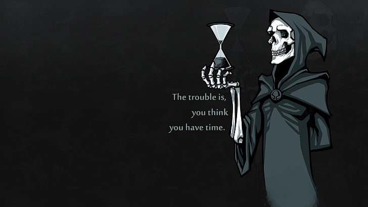 grim reaper illustration, digital art, hourglasses, skull, skeleton, quote, Grim Reaper, time, bones, hoods, simple background, HD wallpaper