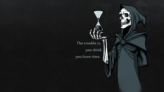 Grim Reaper illustrazione, arte digitale, clessidre, teschio, scheletro, citazione, Grim Reaper, tempo, ossa, cappe, sfondo semplice, Sfondo HD HD wallpaper