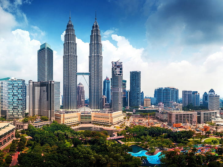 Petronas Towers, Kuala Lumpur, Malaysia, Petronas Towers, Kuala Lumpur, Malaysia, Petronas Twin Towers, Skyskrapor, utsikt, byggnad, HD tapet