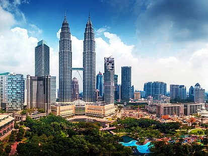 Torres Petronas, Kuala Lumpur, Malásia, Torres Petronas, Kuala Lumpur, Malásia, Torres Gémeas Petronas, Arranha-céus, vista, construção, HD papel de parede HD wallpaper