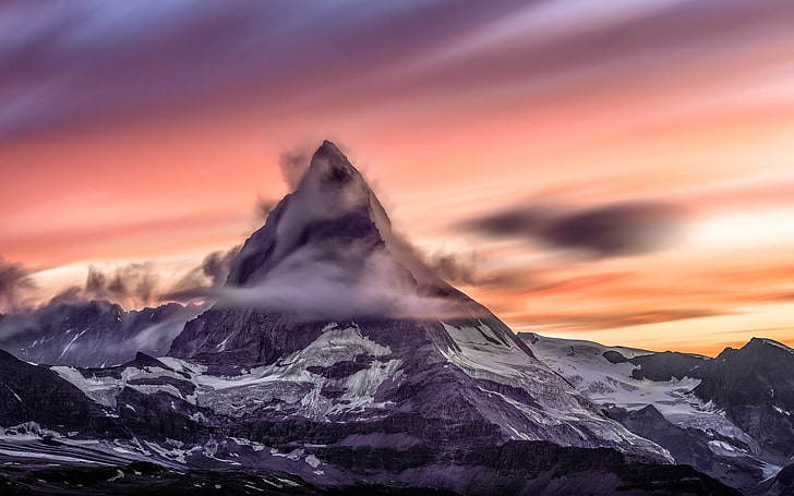 montagna grigia, natura, montagne, tramonto, paesaggio, nuvole, lunga esposizione, Cervino, Svizzera, Alpi, Sfondo HD