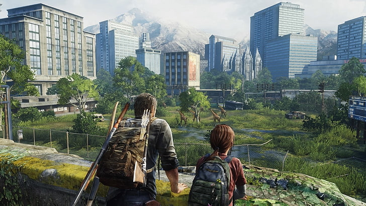 Videogame, The Last Of Us, Cidade, Ellie (The Last of Us), Girafa, Joel (The Last of Us), Pós Apocalíptico, HD papel de parede