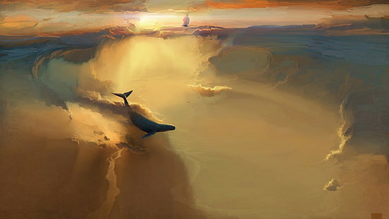 Fliegenwalsegelschiff bewölkt Fantasiekunst, HD-Hintergrundbild HD wallpaper