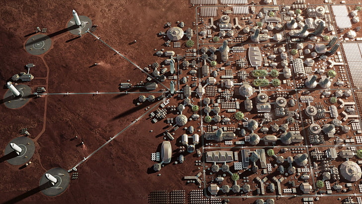 Luftaufnahme der Stadt, der Mars-Basis, der Mars-Kolonie, des Raumes X, HD, HD-Hintergrundbild