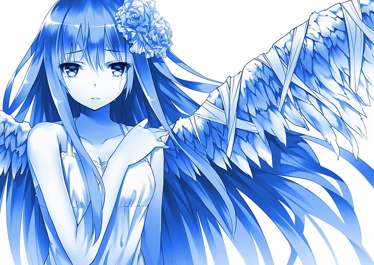 anime, gadis anime, latar belakang sederhana, rambut panjang, sayap, hiasan rambut, Wallpaper HD