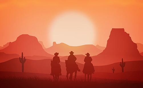 Cowboys, Aero, Vector Art, Landscape, Sunset, Riding, Western, Artwork, Silhouette, Horse, Cowboys, flatdesign, Tapety HD HD wallpaper