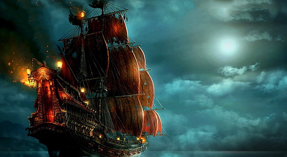 Peinture de bateau à voile, papier peint numérique Black Pearl, artistique, fantaisie, belle, nuageux, numérique, oeuvre, peinture, bateau à voile, Fond d'écran HD HD wallpaper