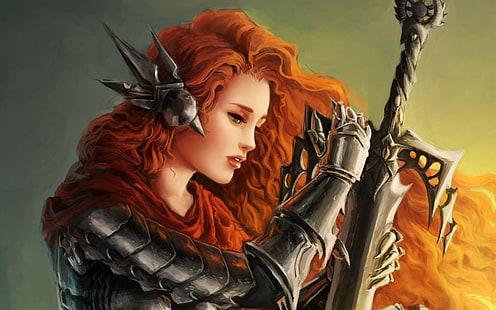 opera d'arte, fantasy art, donne, rossa, spada, armatura, guerriera, Sfondo HD HD wallpaper