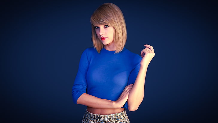 Taylor Swift, Taylor Swift, biru, wanita, penyanyi, selebriti, latar belakang sederhana, latar belakang biru, potret, lipstik merah, Wallpaper HD