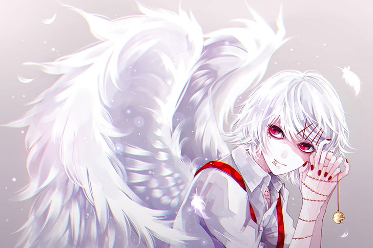 hombre de pelo blanco con alas papel de pared de personaje de anime, Tokyo Ghoul, Suzuya Juuzou, alas, cabello blanco, campana, Fondo de pantalla HD