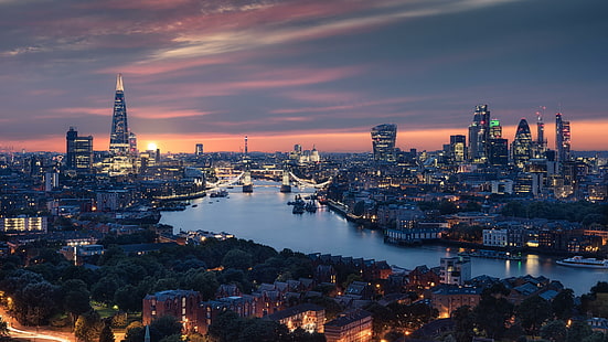 Лондон, Англия, Обединеното кралство, Европа, гледка към града, градски пейзаж, Темза, град, река Темза, парчето, река, здрач, вечер, HD тапет HD wallpaper