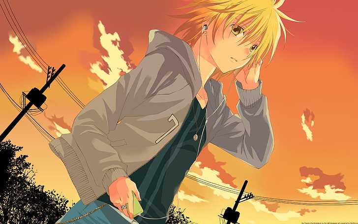 male anime character with yellow hair and grey zip-up hoodie, anime, girl, headphones, sunset, evening, HD wallpaper