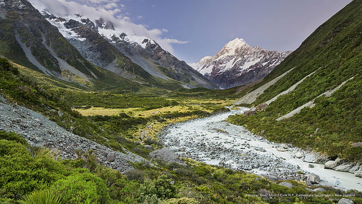 Sungai Hooker, Mount Cook N.P., Canterbury, Pulau Selatan, Selandia Baru, Taman Nasional, Wallpaper HD