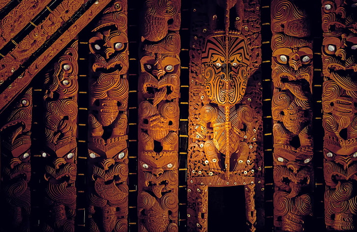 Nouvelle Zélande, Maori, Sculptures en bois, Regarder les yeux, Mémorial Museum of Auckland, Fond d'écran HD