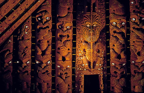 Nouvelle Zélande, Maori, Sculptures en bois, Regarder les yeux, Mémorial Museum of Auckland, Fond d'écran HD HD wallpaper