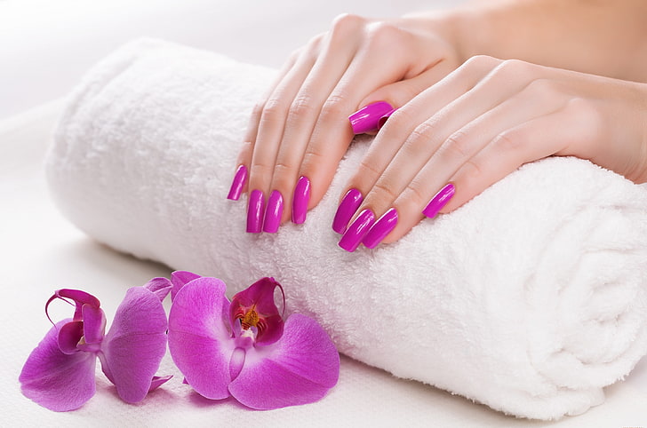 white towel, towel, hands, Orchid, manicure, HD wallpaper
