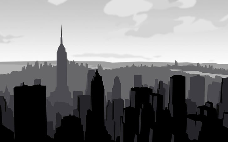 Горизонты Нью-Йорка, Эмпайр-стейт оф-серо-чёрного города, здание, живопись, вектор, 1920x1200, горизонт, нью-йорк, нью-йорк, большое яблоко, HD обои