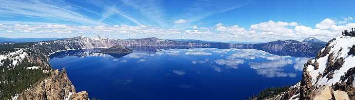 landscape, lake, clouds, horizon, panorama, crater lake, reflection, nature, snow, dual display, multiple display, HD wallpaper