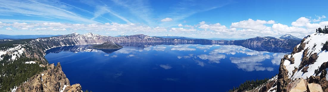 paisaje, lago, nubes, horizonte, panorama, lago crater, reflexión, naturaleza, nieve, pantalla doble, pantalla múltiple, Fondo de pantalla HD HD wallpaper