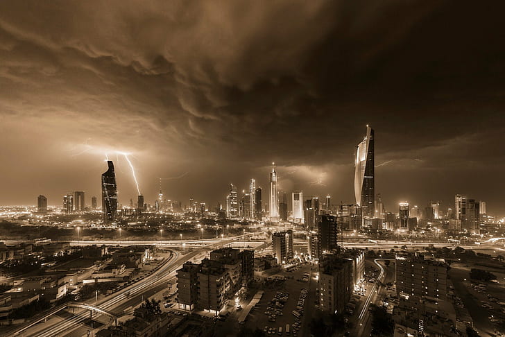 архитектура, здание, автомобиль, город, Городской пейзаж, облака, шоссе, Кувейт, Кувейт, Light Trails, Молния, Огни, Длинная выдержка, монохромный, ночь, дорога, сепия, Небоскреб, шторм, HD обои