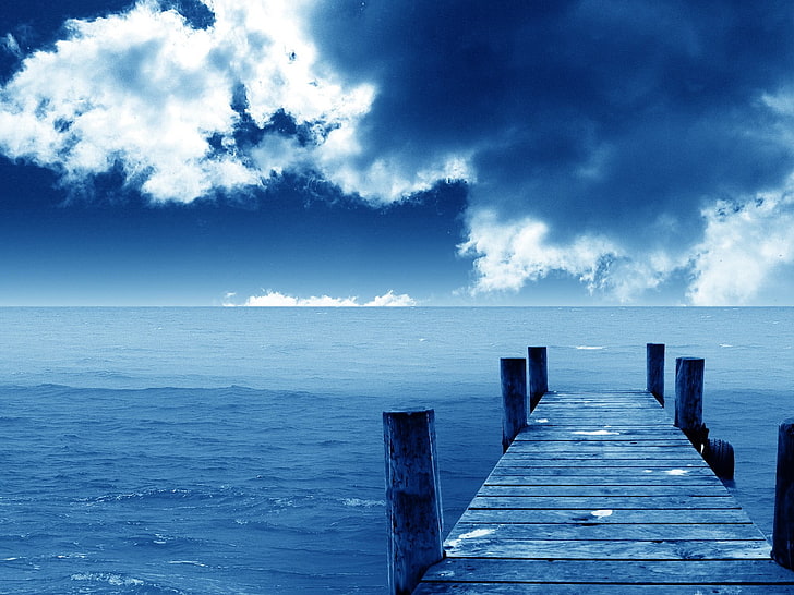 gray wooden pier, pier, sea, clouds, horizon, HD wallpaper