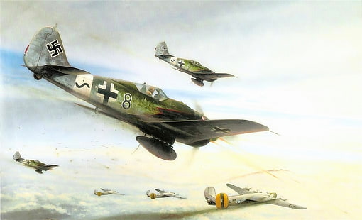 green and gray plane wallpaper, war, art, painting, aviation, concept art, drawing, ww2, combat, dogfight, fw 190, b 24 liberator, HD wallpaper HD wallpaper